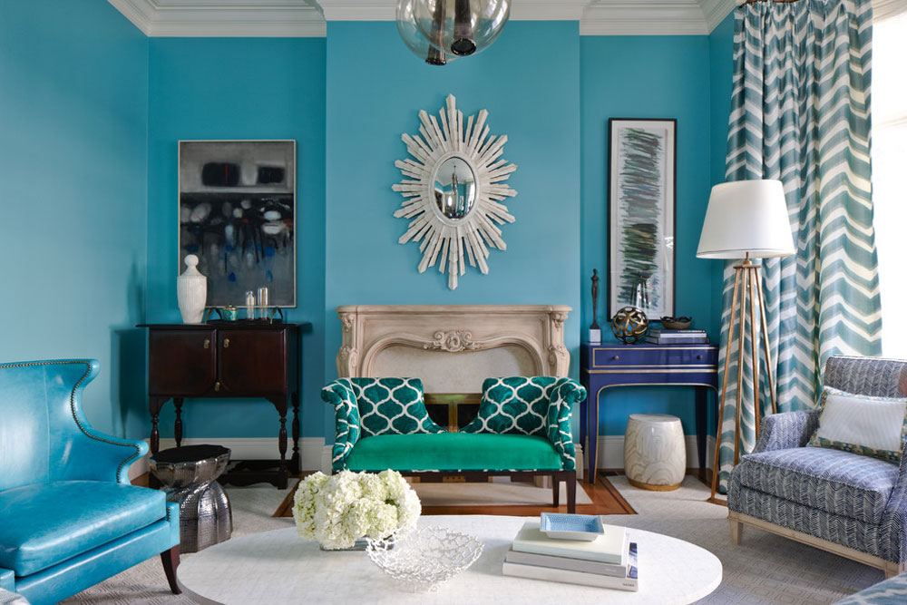 light brown and turquoise living room