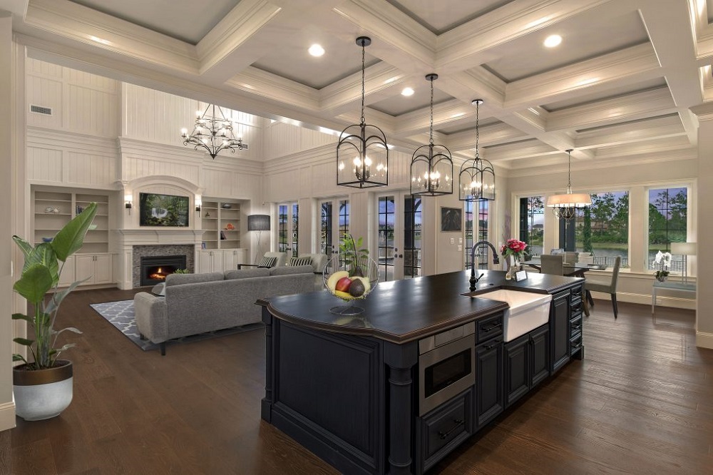 coffered ceiling kitchen living room